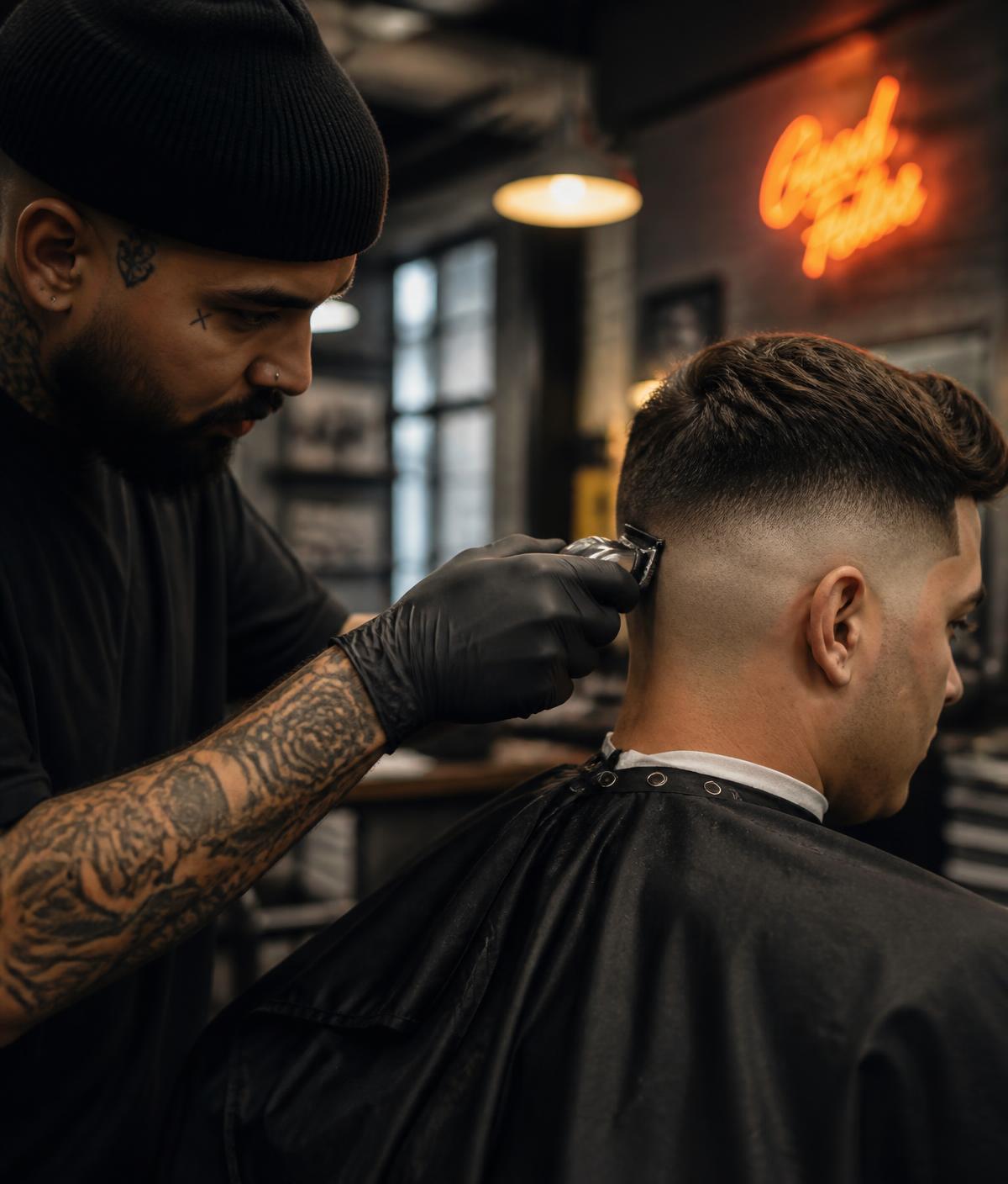 Barber using clippers to create a sharp fade in a modern industrial barbershop